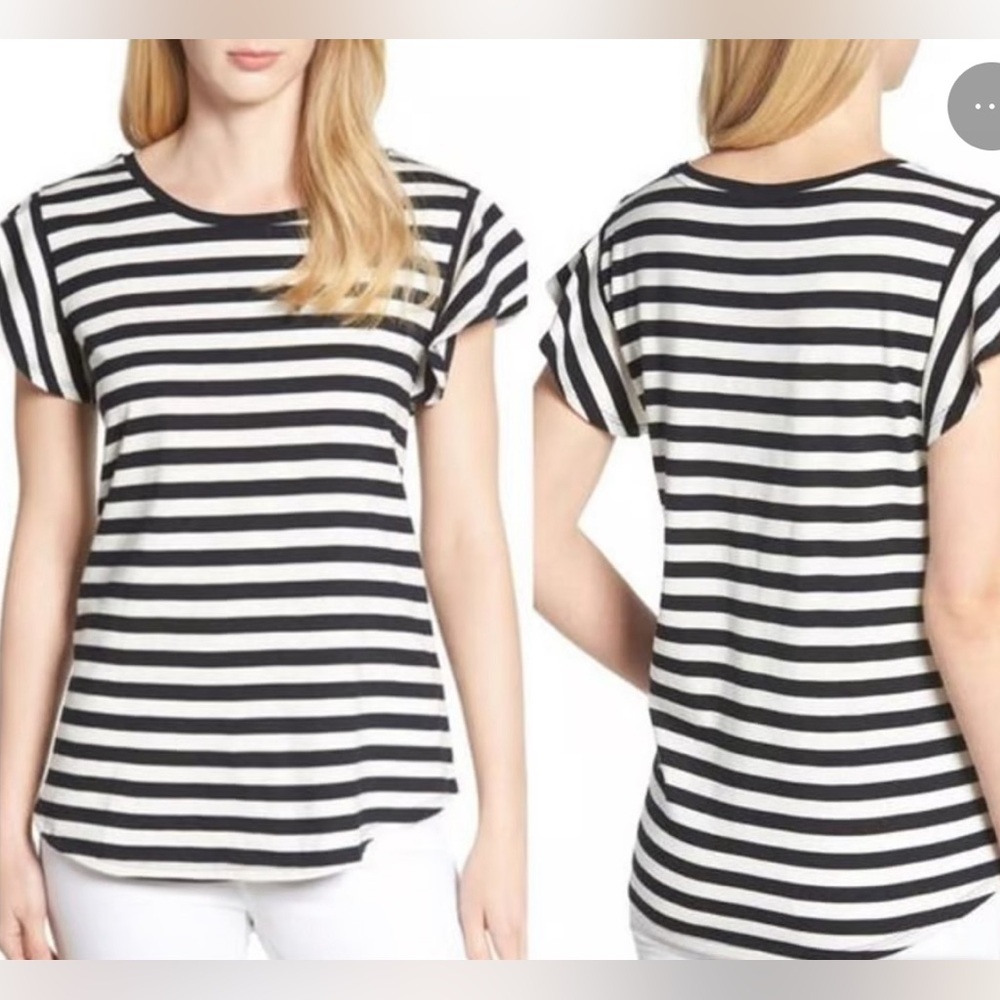 Bobeau Flutter Sleeve Striped Black & White Tee Soft T-Shirt Large - Picture 1 of 8